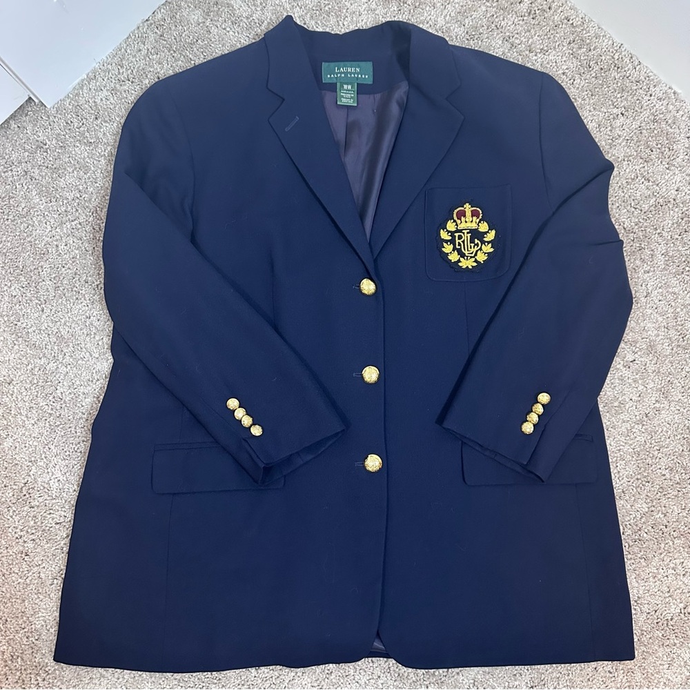 Lauren Ralph Lauren Preppy Wool Navy Blazer w/ Gold Buttons Academia Size 18 W